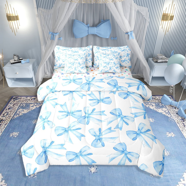 Erosebridal Blue Bowknot 7 Piece Bedding Set Bow Tie Comforter Set with Sheets Twin Size Room Decor Tale Princess Castle Bed in a Bag Watercolor Blue Bow Tie Bed Set