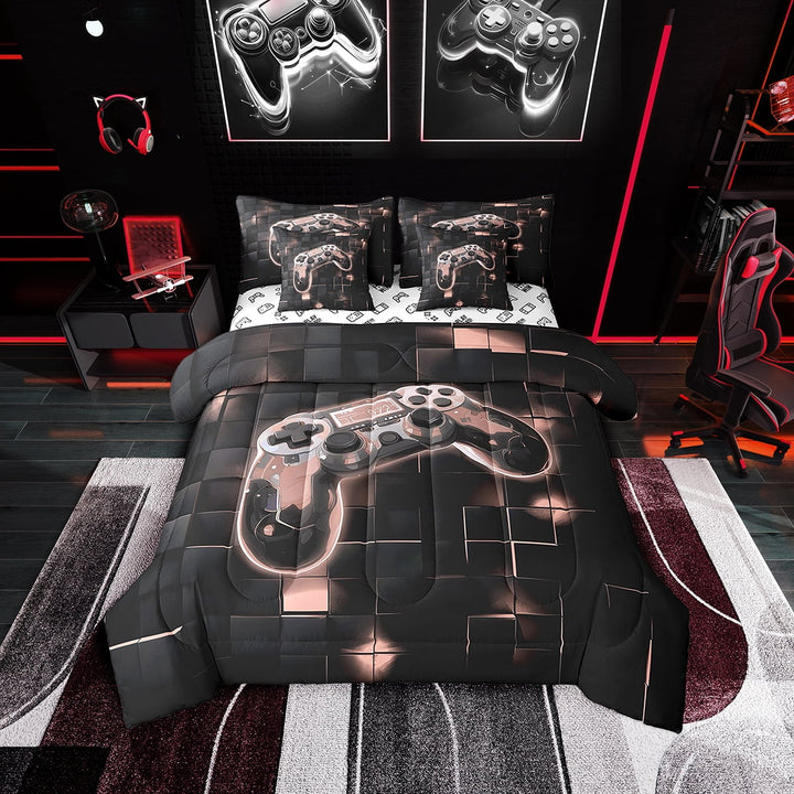Gamer Twin Bedding Set 7 Piece,Black and Pink Gaming Comforter Set,Neon Geometric Checkered Bed in a Bag,Video Game Bed Set with Fitted Sheet,Flat Sheet,Pillowcases &amp; Shams