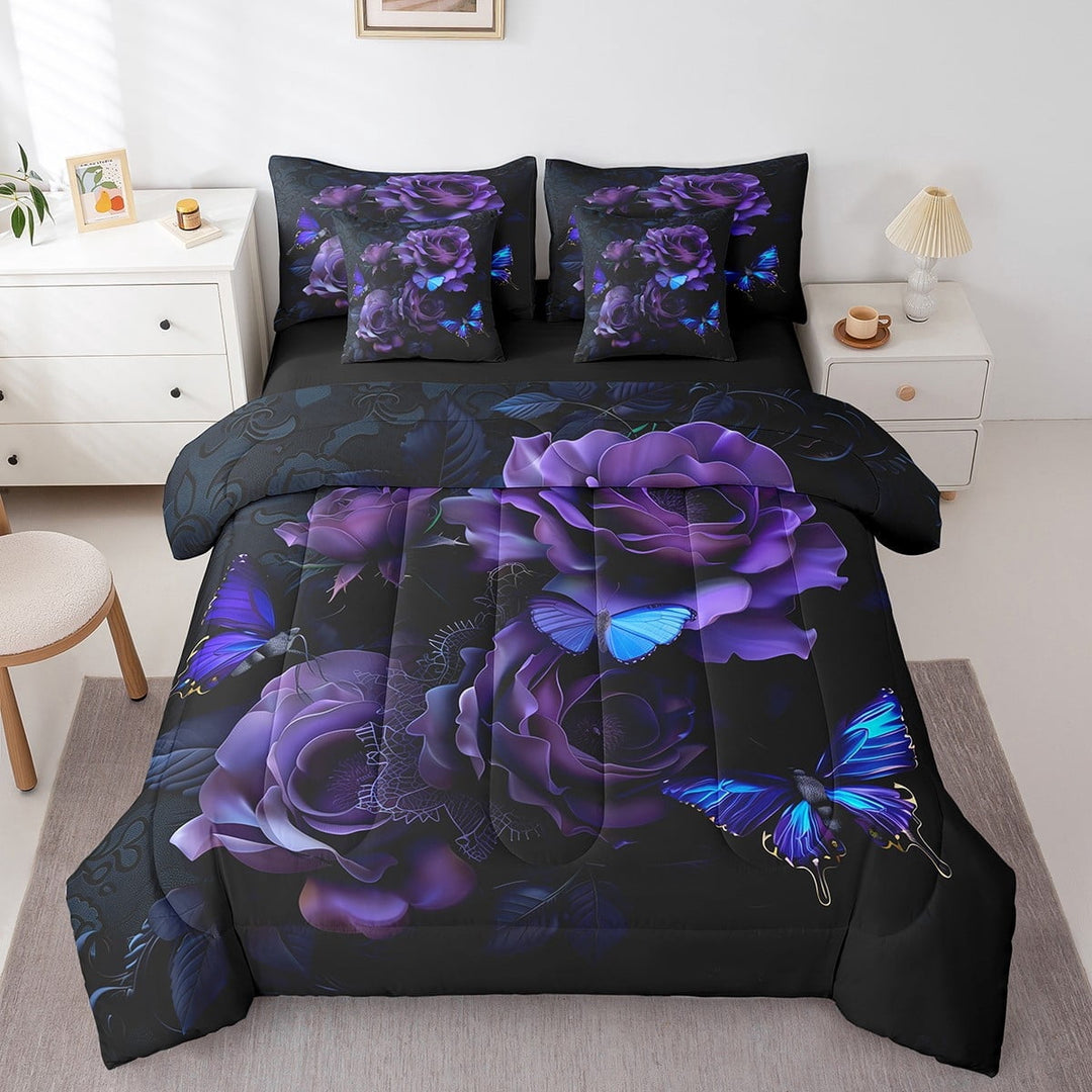 Erosebridal Rose 7 Pcs Comforter Set Queen Butterflies Bedding For Adults Women Romantic Flowers Roses Sheet Set Bed in A Bag Mysterious Wildlife Floral Bedroom Decor Black Purple Bed Set