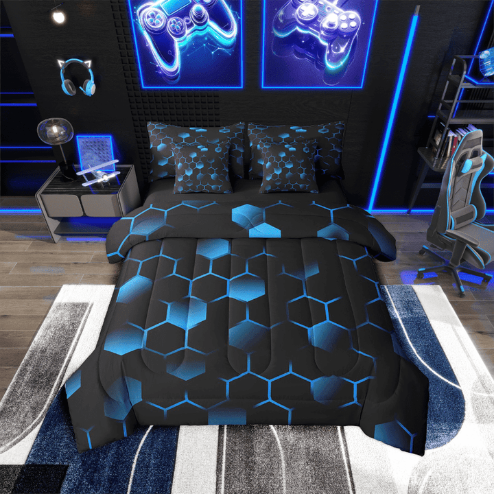 Erosebridal Geometric Hexagon Bedding Sets Twin Size,Gradient Comforter Sets with Sheets,Neon Decor,Reversible,Breathable,7-Piece