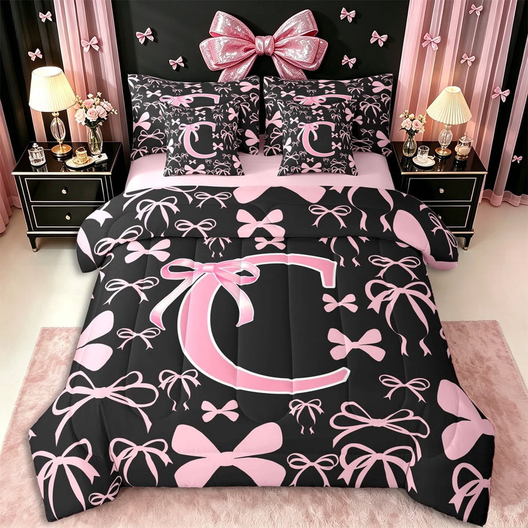 Erosebridal Kawaii Bowtie Letter C Monogrammed Twin Bedding Sets 7-Piece,Dreamy Princess Bow Bedding Comforter Set,Pink Reversible,Luxury Bedroom Decor