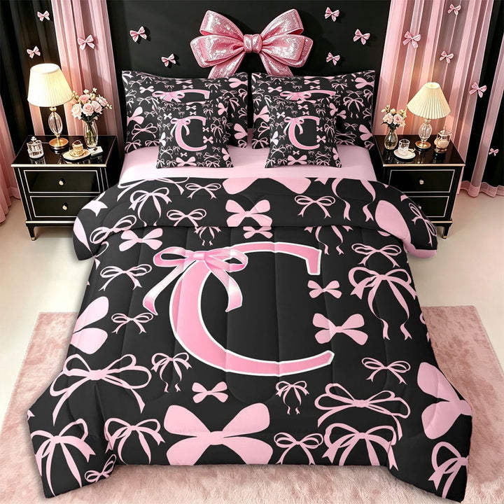 Erosebridal Kawaii Bowtie Letter C Monogrammed Twin Bedding Sets 7-Piece,Dreamy Princess Bow Bedding Comforter Set,Pink Reversible,Luxury Bedroom Decor