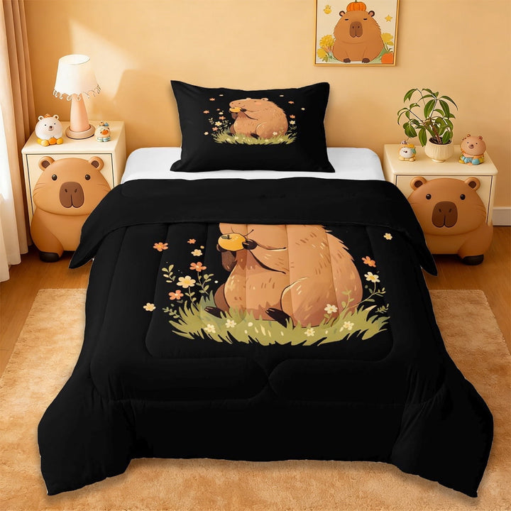 Erosebridal Capybara Twin Comforter Sets,Rustic Plant Colorful Cute Flowers Bedding Set For Girls Kids ,Reversible Black 2-Piece