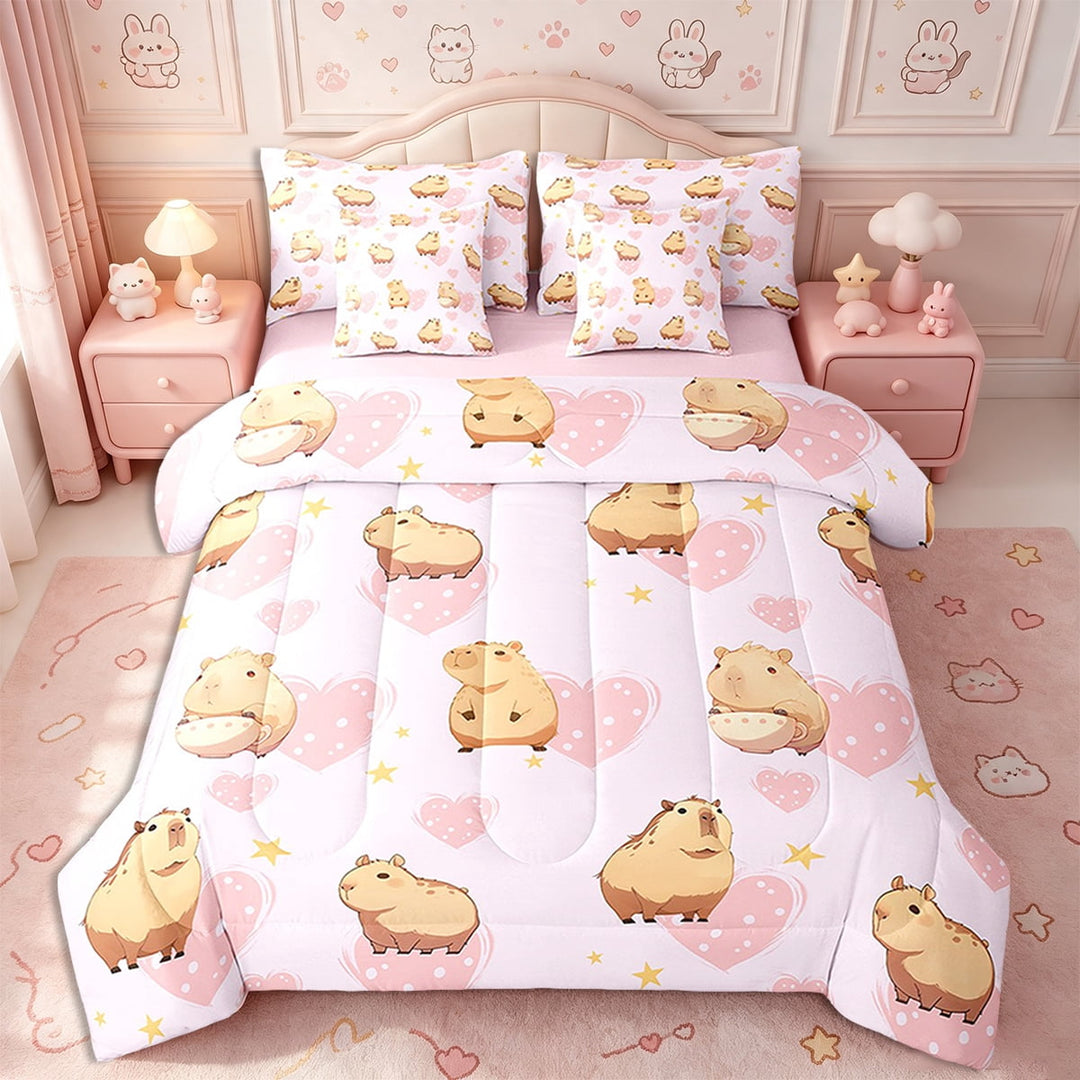 Erosebridal Love Heart Bedding Set Twin Size 7 Piece Bed In A Bag,Capybara Twin Comforter Set for Kids Children,Super Soft All Season for Bedroom,Cute Animal Pink Reversible Bed Sets