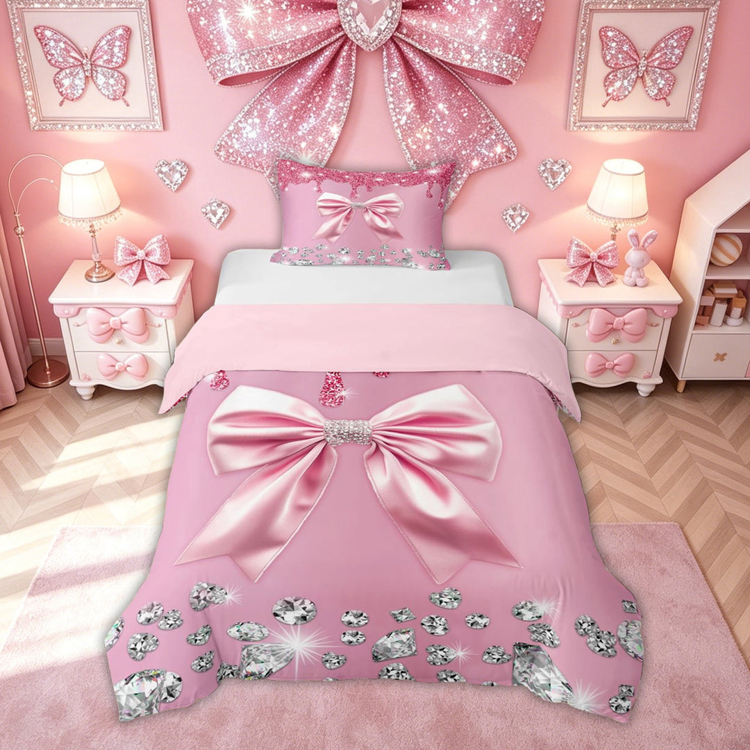 Meiyoeat Fashion Dripping Glitz Bow Duvet Cover Set for Women Girls, Pink Sparkle Diamond Bedding Full, Pink Reversible, 1 Duvet Cover and 2 Pillowcases (No Comforter)