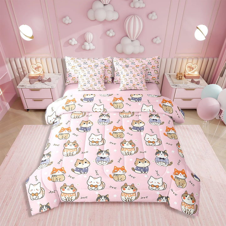 Erosebridal 7Pcs Cartoon Cat Bedding Twin Size Cute Kitten Comforter Set, Pink Bedding Comforter Sets 7-Piece, Room Decor