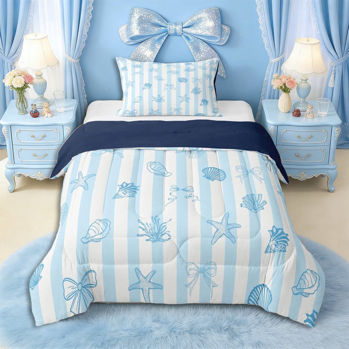 Erosebridal Girls Blue Ribbon Bow Twin Comforter Sets 3-Piece,Ocean Seashell Starfish Bedding Set for Teens Women,Navy Blue Reversible,Ultra Soft Home Decor