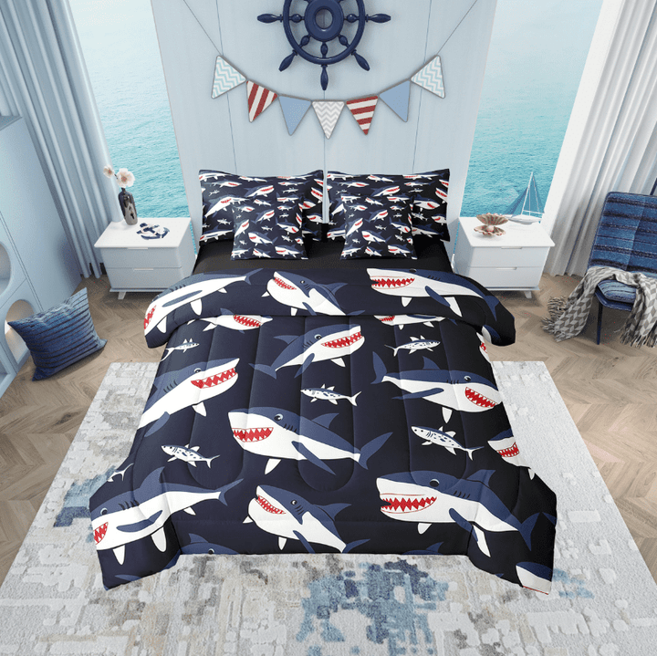 Erosebridal Funny Shark Bedding Sets Twin Size, Kawaii Sealife Comforter Sets with Sheets, Cartoon Ocean Reversible Bed Set, Ultra Soft Bedroom Decor, 7pcs