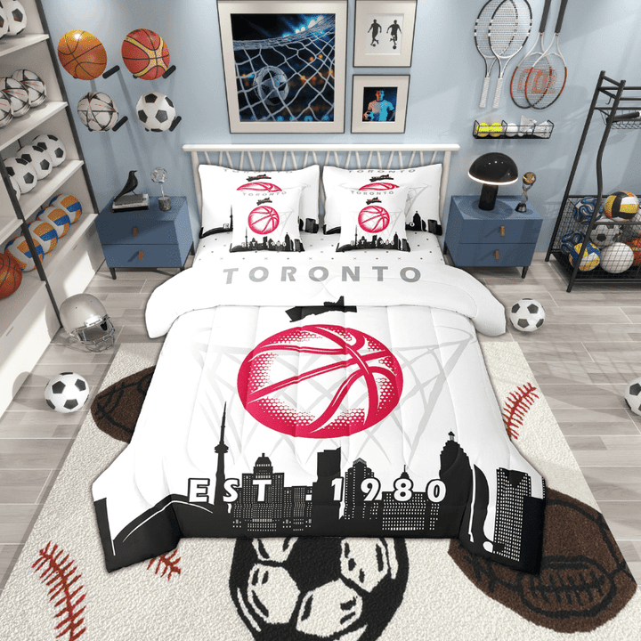 7 Pcs Comforter Set Twin Size, Basketball Bed in a Bag with Flat Sheet and Fitted Sheet and Adults,Sports Bedding Set with Pillowcase and Sham,Toronto