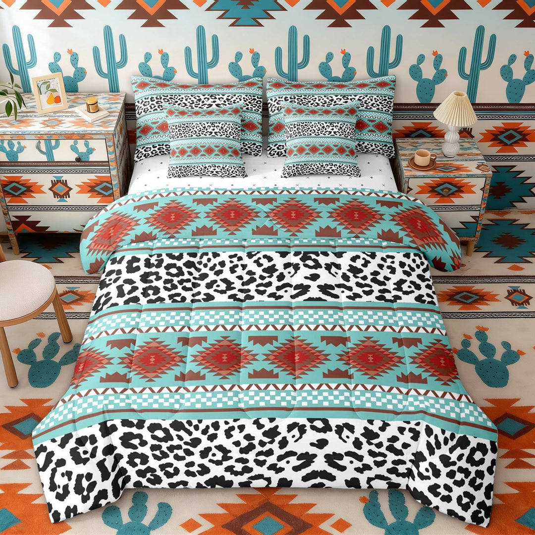 Erosebridal Teal Brown Aztec Twin Bedding Sets, White Black Leopard Print Bedding Comforter Set, Reversible 7 Pieces