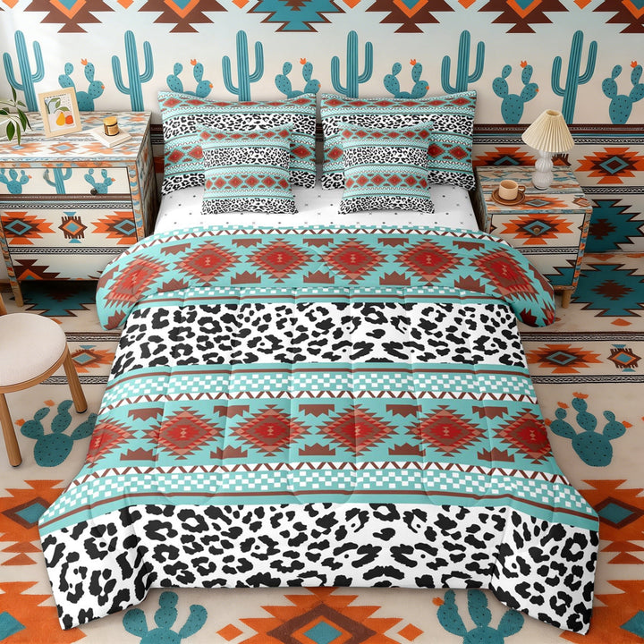 Erosebridal Teal Brown Aztec Twin Bedding Sets, White Black Leopard Print Bedding Comforter Set, Reversible 7 Pieces