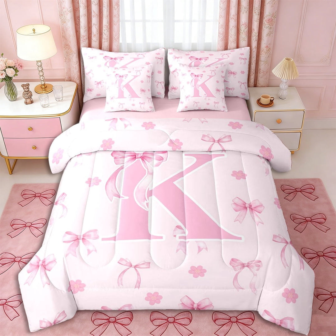 Erosebridal Ribbon Bow Knot K Personalized Initial Twin Bedding Sets 7-Piece,Floral Cherry Blossoms Bedding Comforter Set,Pink Reversible,Lightweight Room Decor