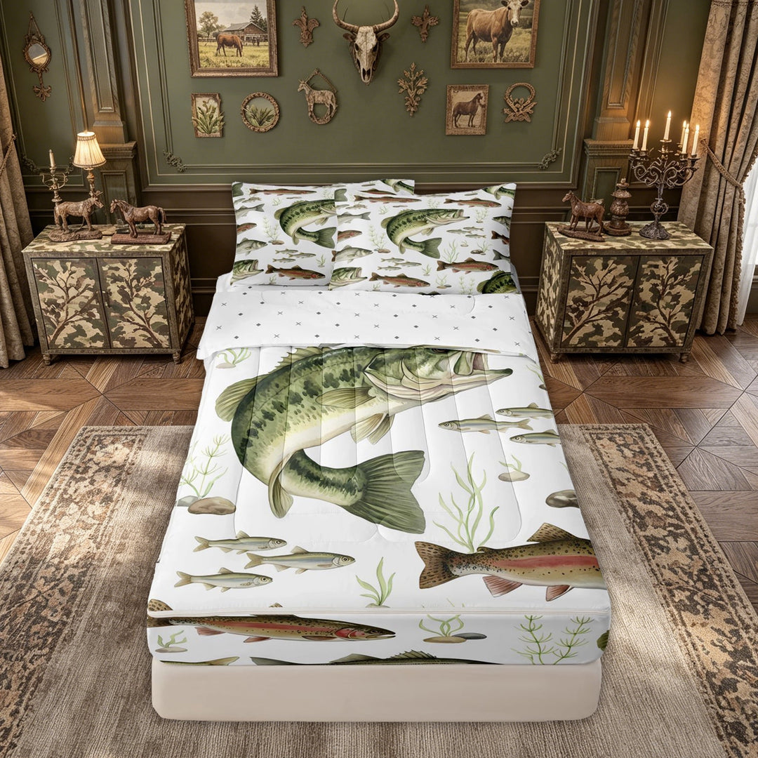 meiyoeat Largemouth Bass Fishing Zipper Twin Comforter Sets with Fitted Sheet and 2 Pillowcases for Men, Natural Stream Marine Zipper Bedding Set, Green, Reversible, 4-Piece