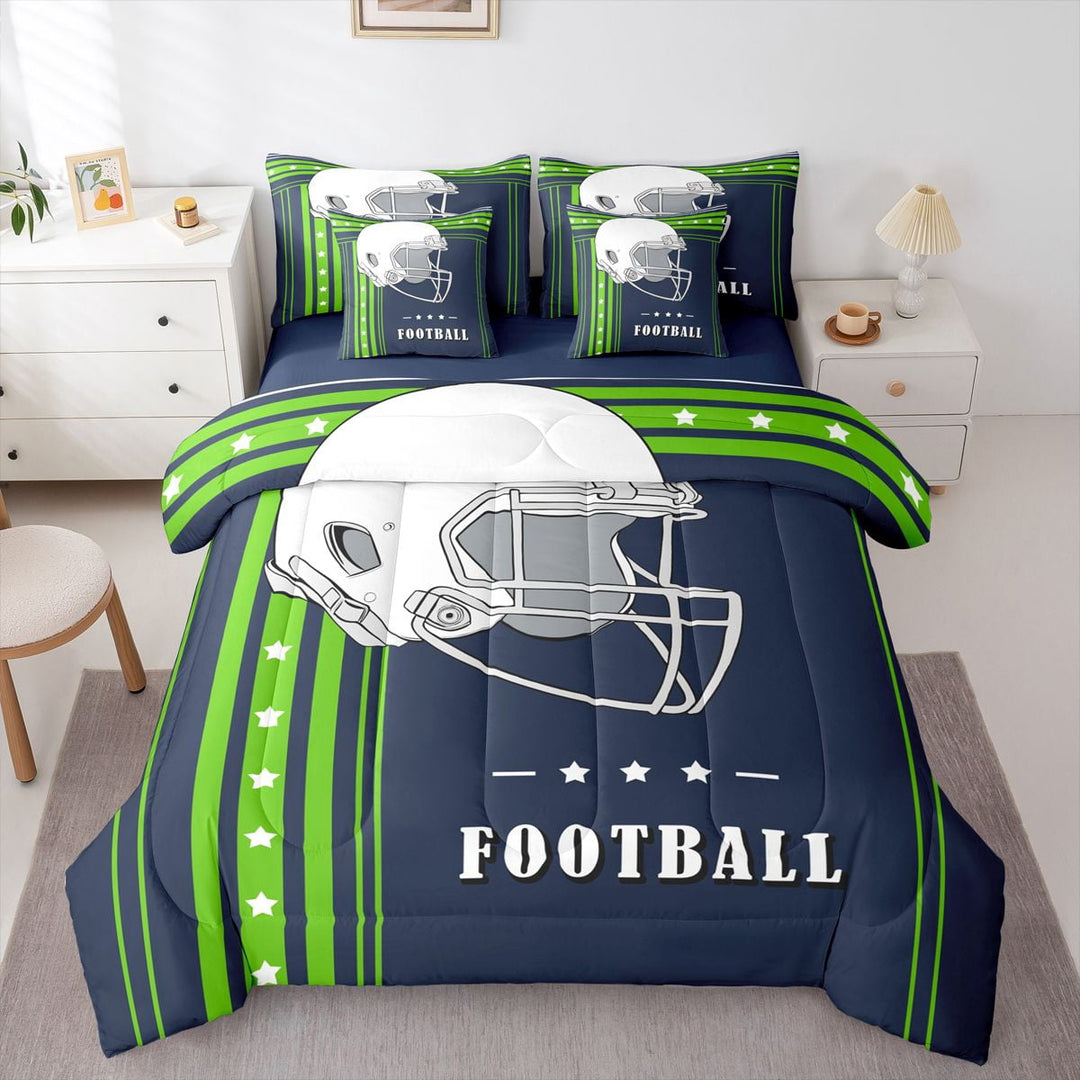 Twin Size 7Pcs Bedding Sets American Football Comforter Set with Sheets, Football City Sports Theme Comforter Set Bed-in-a-Bag 7-Piece, Navy Blue Fluorescent Green (Seattle)