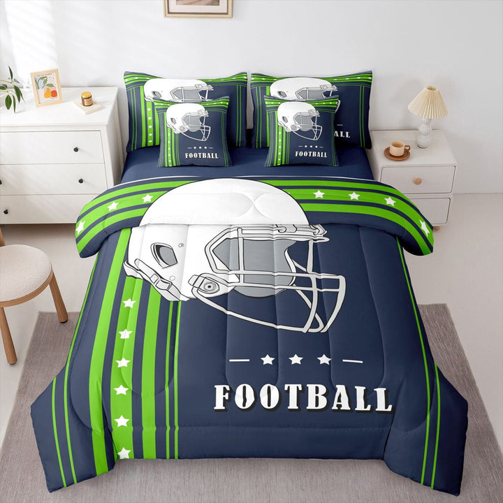 Twin Size 7Pcs Bedding Sets American Football Comforter Set with Sheets, Football City Sports Theme Comforter Set Bed-in-a-Bag 7-Piece, Navy Blue Fluorescent Green (Seattle)