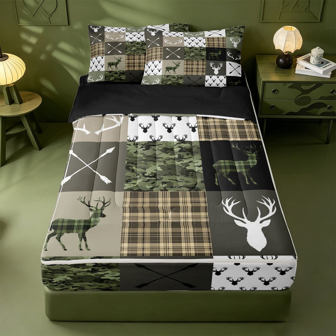 meiyoeat Rustic Patchwork Deer Zipper Full Size Comforter Sets with Fitted Sheet and 2 Pillowcases For Boys,Vintage Farmhouse Camouflage Hunting Zipper Bedding Set, Green Brown,4 Pieces