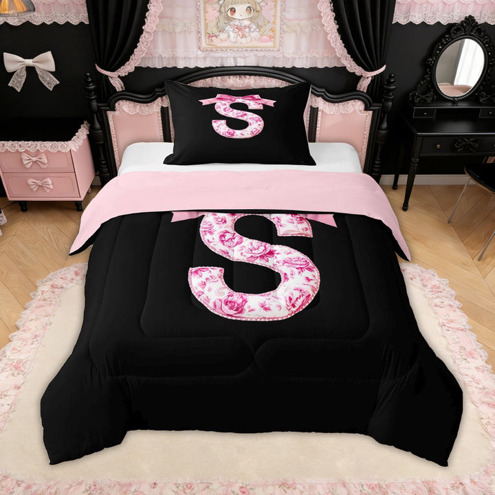 Erosebridal Floral Bow Letter S Twin Comforter Sets for Girls, Pink Initial Ribbon Bedding Set, Reversible, 2-Piece