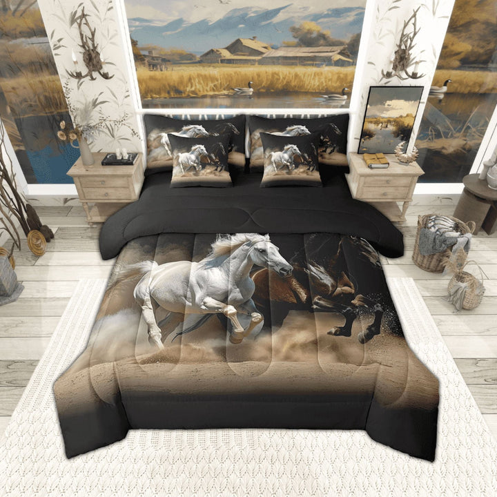 Brown and White Galloping Twin Comforter Set 7pcs Farm Horse Bedding Comforter Sets, 3D Horse Bed in a Bag Farmhouse Animals Bedding Set, Ultra Soft Cozy Bed Sheets Set