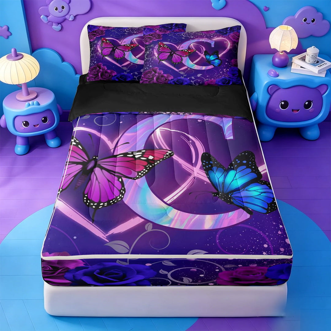 meiyoeat Purple Flower Monogram C Zipper Full Size Comforter Sets with Fitted Sheet and 2 Pillowcases,Cute Butterfly Neon Letter Design Zipper Bedding Set For Girl,Black Reversible,4 Pieces