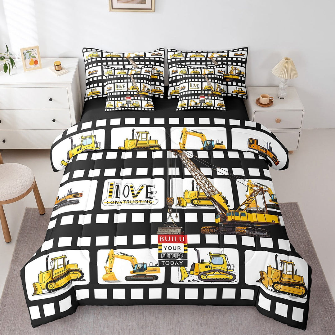 Construction Comforter Set 7 Piece Bed in a Bag Twin,Excavator Bedding Sets Tractor Crane Dump Truck Sheet Set with Comforter,Big Wheel Car Vehicles Room Decor