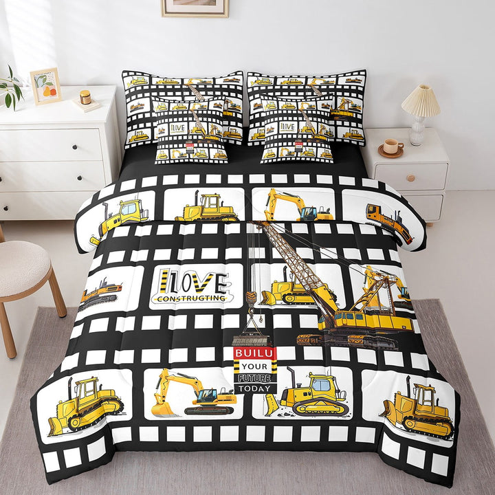 Construction Comforter Set 7 Piece Bed in a Bag Twin,Excavator Bedding Sets Tractor Crane Dump Truck Sheet Set with Comforter,Big Wheel Car Vehicles Room Decor