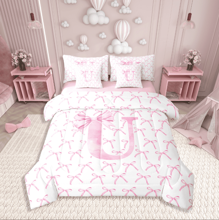 Erosebridal Initial Letter Bedding Sets Twin Size,Monogrammed Bowknot Comforter Sets with Sheets,Kawaii Decoration,Reversible,7pcs
