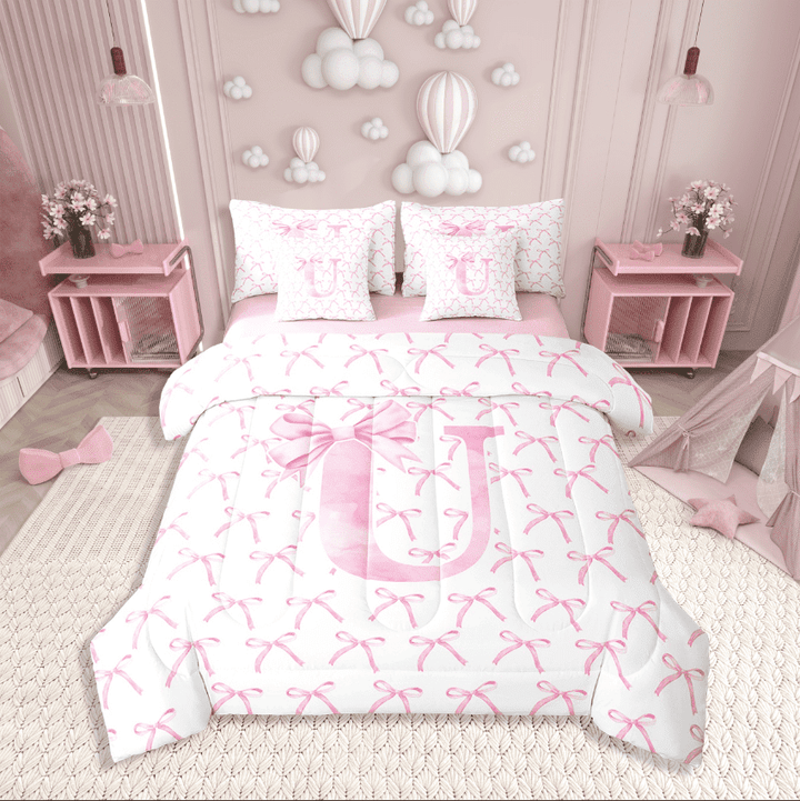 Erosebridal Initial Letter Bedding Sets Twin Size,Monogrammed Bowknot Comforter Sets with Sheets,Kawaii Decoration,Reversible,7pcs