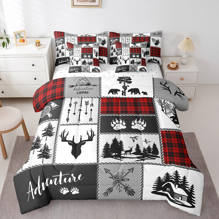 Erosebridal 7 Pieces Twin Size Deer Antlers Comforter Set,Bear Paws Pine Trees Xmas Bedding Set,Lattices Patchwork Rustic Farmhouse Red（Comforter+Fitted+Flat Sheet+2 Pillowcases)