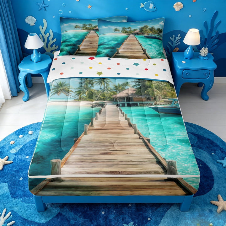 meiyoeat Tropical Beach Pier Zipper Twin Comforter Sets with Fitted Sheet and 2 Pillowcases For Boys,Tree Print Zipper Bedding Set,Polkadot Reversible,4-Piece