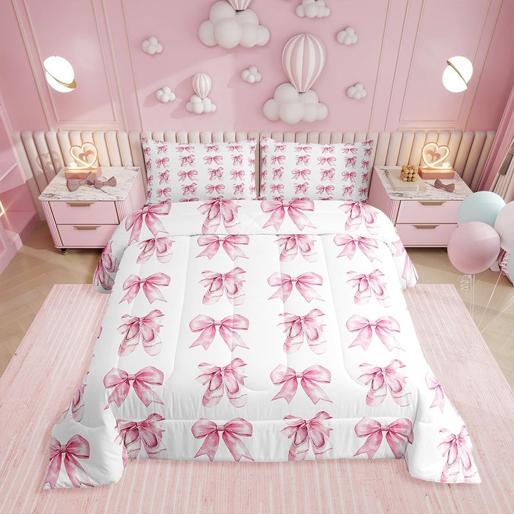 Cartoon Bowknot Comforter Set Twin Size,Ballet Shoes Dance Lover Princess Bedding Set,Women Room Decor,Watercolor Bow Tie Patchwork Down Comforter,Dreamy Duvet Insert,1 Pillowcase