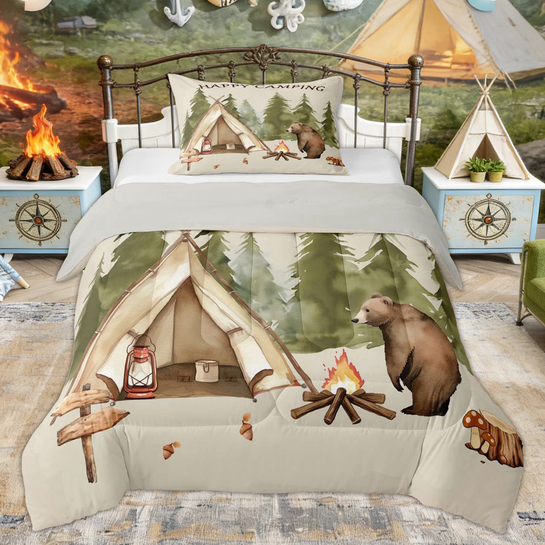 Erosebridal Bear Tent Camping Twin Comforter Sets, Happy Camping Bedding Set for Boys and Girls, 2 Pieces