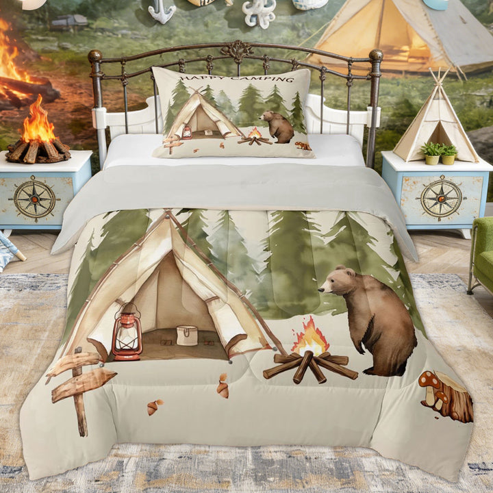 Erosebridal Bear Tent Camping Twin Comforter Sets, Happy Camping Bedding Set for Boys and Girls, 2 Pieces