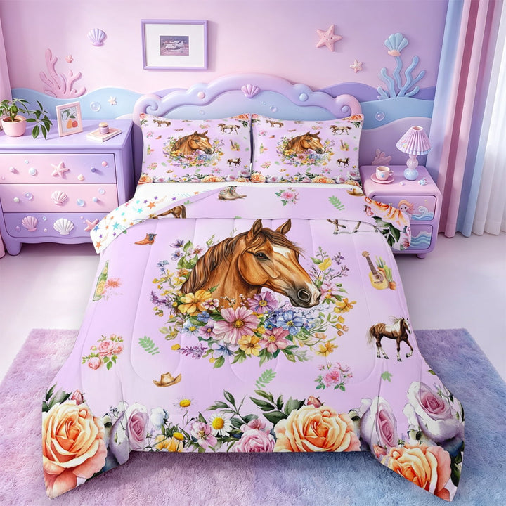 Erosebridal Rainbow Floral Bedding Sets Twin with Comforter,Farm Horse Duvet Insert,Western Cowgirl Comforter Sets Twin Size,Microfiber Bedroom Decor Reversible£¬2pcs