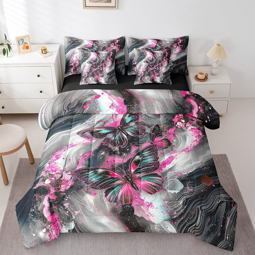 Black Marble Bed in a Bag Queen Comforter Set 7 Piece Teal Butterfly Bedding Sets,Magenta Marbling Sheet Set Abstract Ombre Ink Fluid Art Bed Set,Rustic Animal Butterflies Room Decor Aesthetic