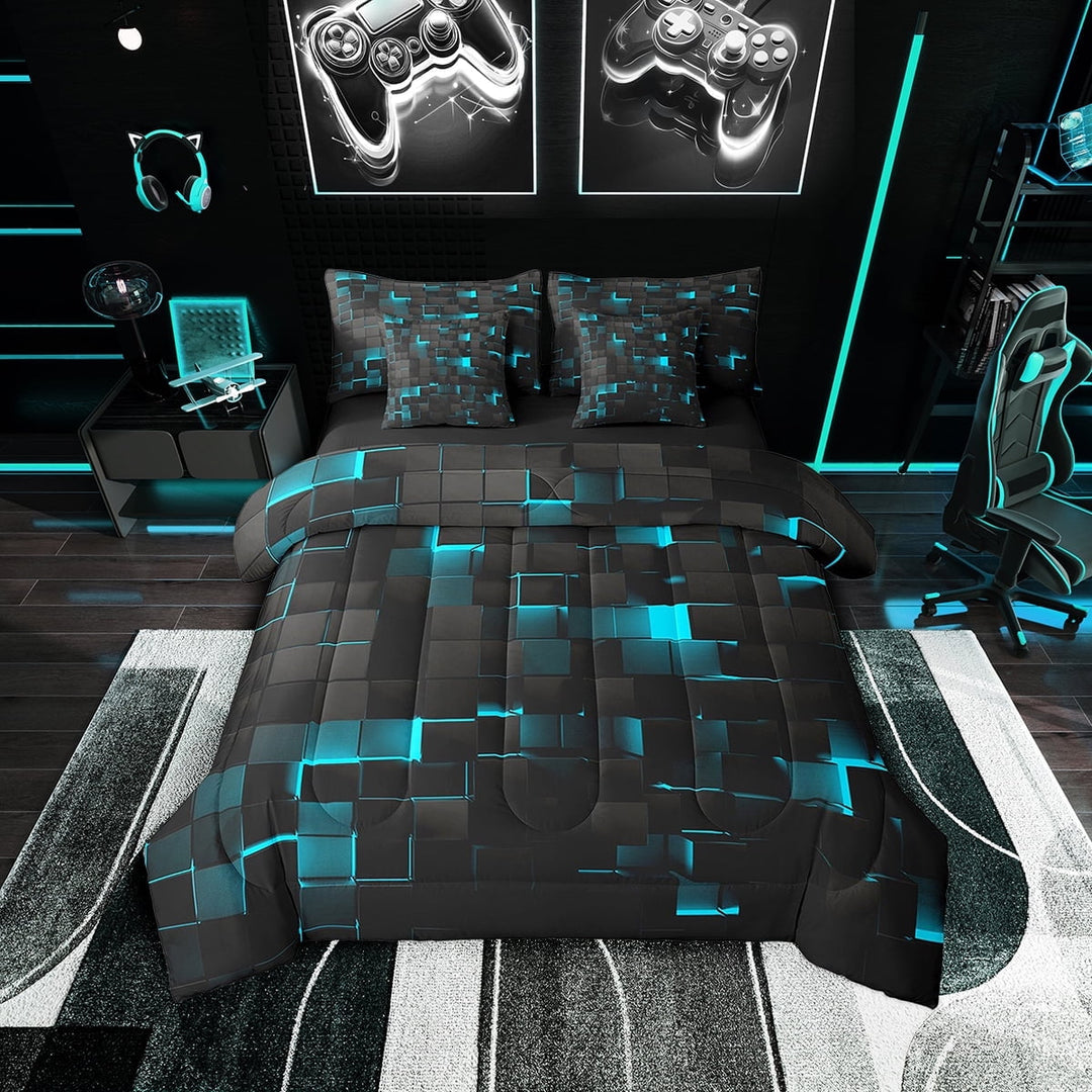 Teal And Black Bedding Sets Queen,Neon Turquoise Geometric Check Bed in a bag 7 Piece Stereoscopic Abstract Plaid Grids Bed Comforter Set Adults,Geometry Square Bed Set