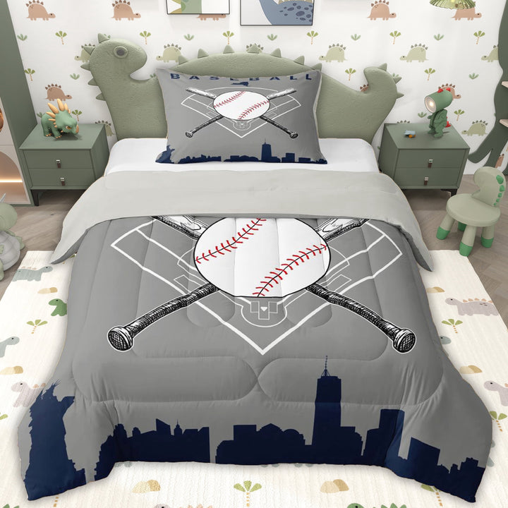 Erosebridal Boy Baseball Game Twin Comforter Sets, Cartoon Sport Bedding Set, Grey Navy, 2 Pieces