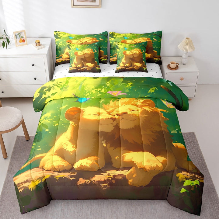 Erosebridal Lion Comforter Set Twin 7 Piece Jungle Animal Print Bed in a Bag Bedroom Decor,Wildlife Safari Animals Bedding Set with Fitted Sheet,Flat Sheet,Pillowcases &amp; Shams