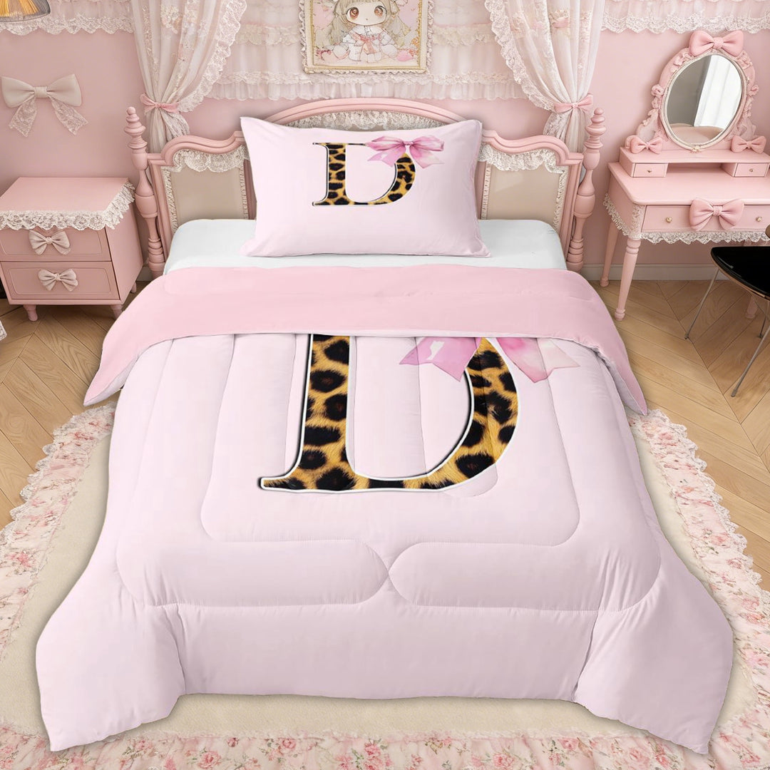 Erosebridal Girly Pink Ribbon Twin Comforter Sets, Fashion Cheetah Print D Letter Bedding Set for Girls Kids, Pink Reversible, 2 Pieces