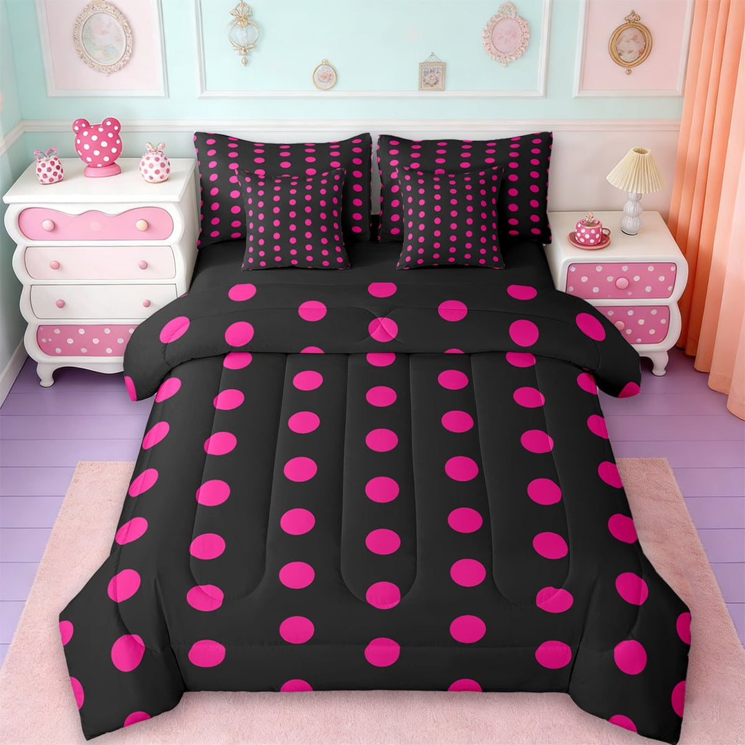 Manfei Romantic French Dots 7-Piece Bedding Comforter Set,Geometric Circles King Bedding Sets,Pink Black Bed Sheets,Microfiber Bedroom Decor Reversible