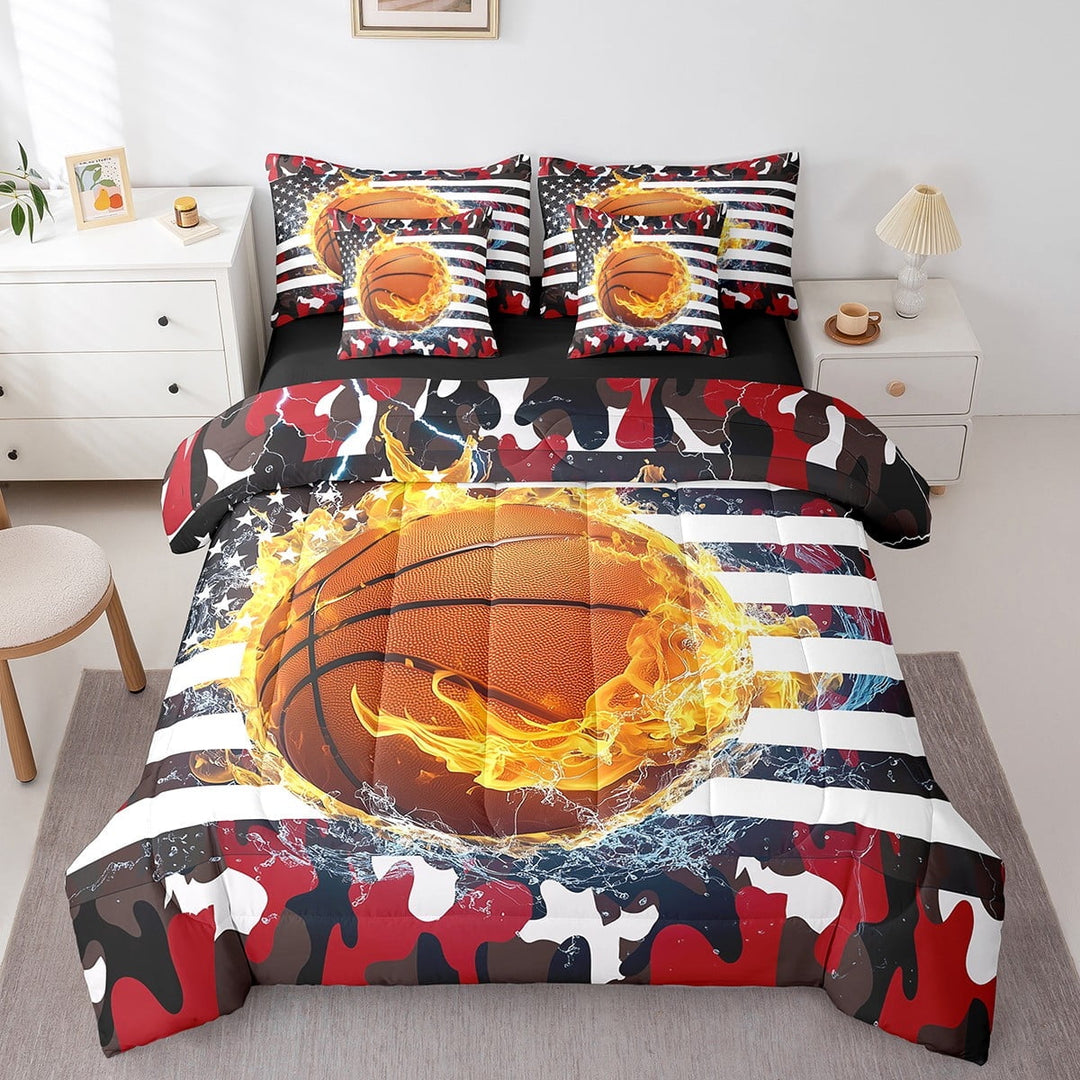 Basketball Bed In A Bag 7 Pieces, Camouflage Comforter Set Queen Size, American Flag Bedding Sets Teens Adult Men, Gold Fire Sports Games Sheet Set With Comforter,Black Red