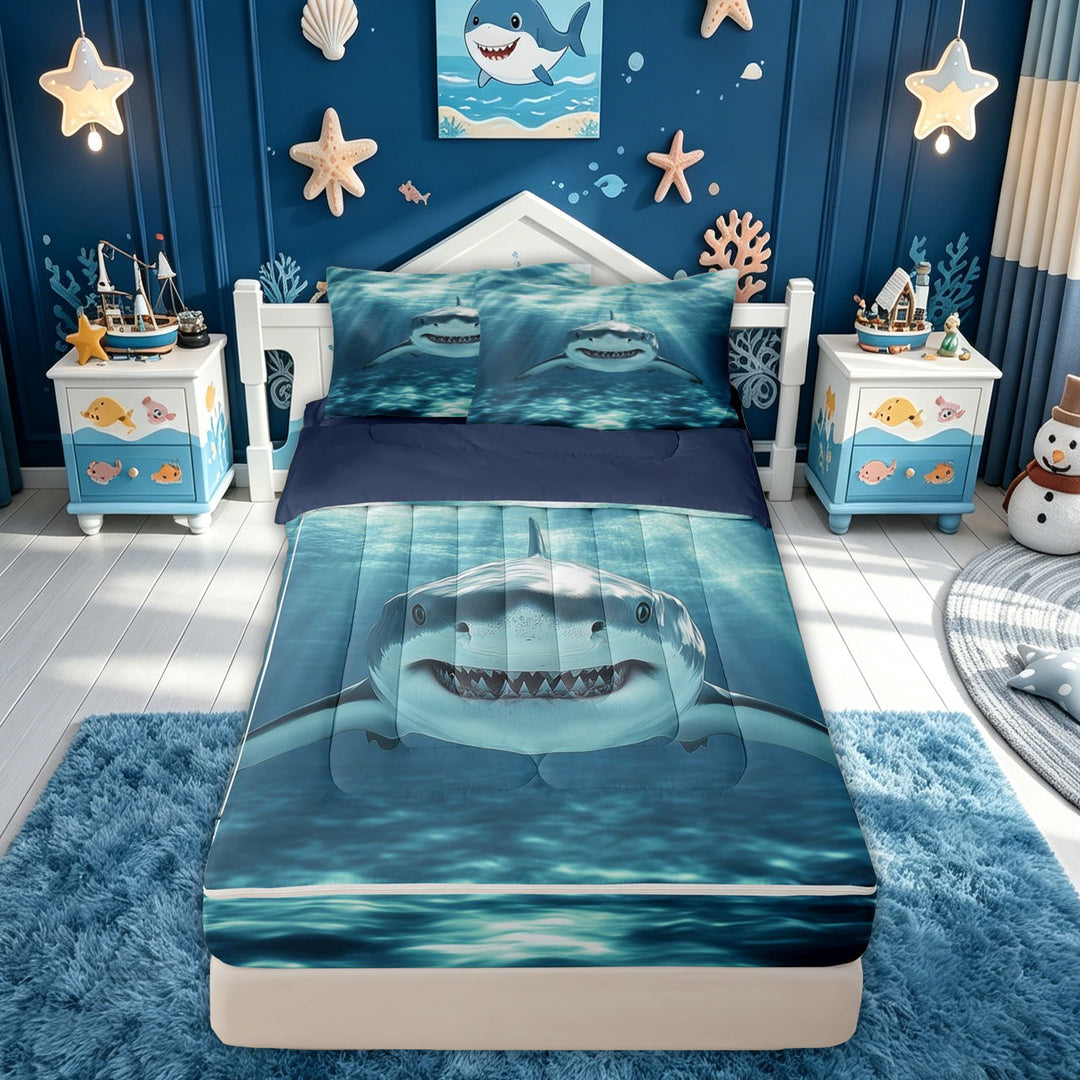 meiyoeat Undersea White Shark Zipper Comforter Set with Fitted Sheet and 2 Pillowcases for Men Boys, Sunlight Sea Animal Zipper Bedding Set, Blue, Blue Reversible, 3-Piece
