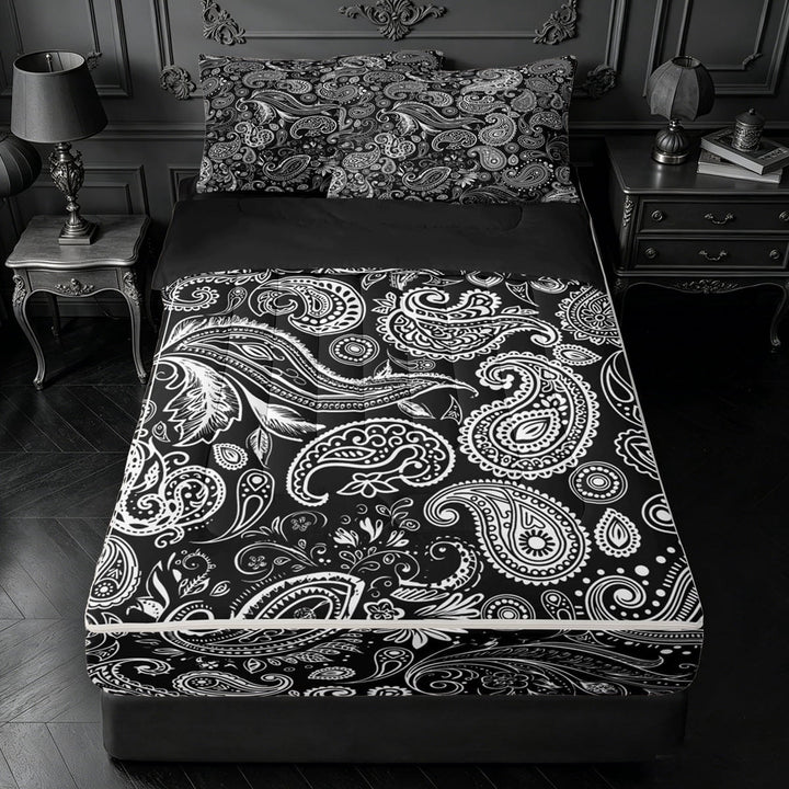 meiyoeat Monochrome Paisley Zipper Queen Comforter Set with Fitted Sheet and 2 Pillowcases,Bold Pattern Zipper Bedding Set For Adults,Black White,Black Reversible,4-Piece