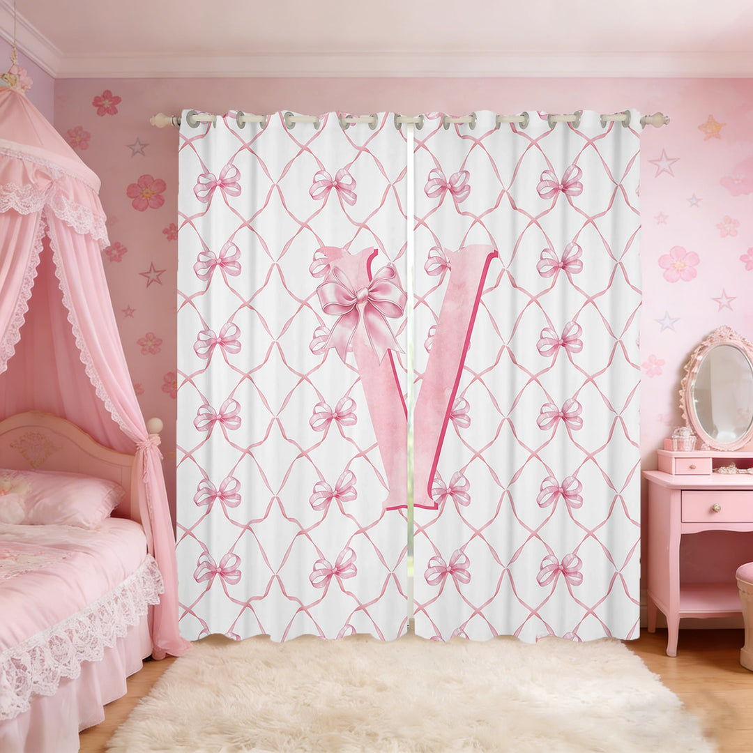 Manfei Initial Letter V Curtains and Drapes (38x45),Cute Bowtie Blackout Curtains for Bedroom,Pink White Curtains Pack of 2 (38x45) For Girls,Breathable Bedroom Decoration