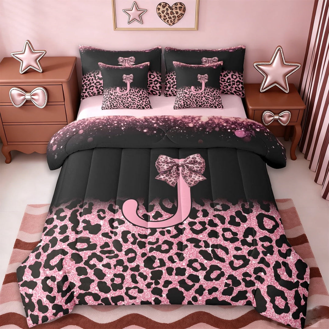 Erosebridal Cheetah Pattern Letter J 7-Piece Twin Bedding Sets,Pink Black Leopard Printed Bedding Comforter Set For Kids Girls,Reversible pink