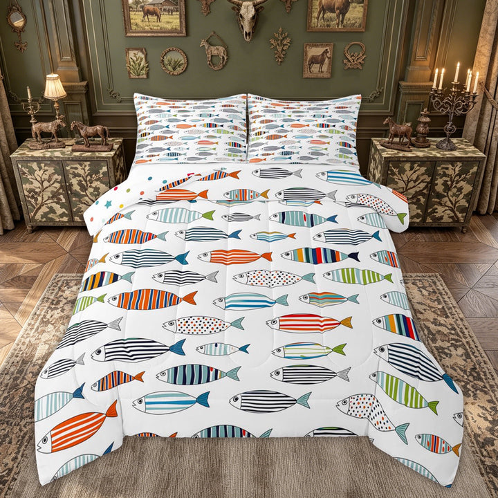 meiyoeat Stripe Cartoon Fish Ocean Full Size Comforter Sets for Kids Boys Girls, Simple Line Marine Animal Bedding Comforter Set, Polkadot Reversible, 3-Piece, 1 Comforter and 2 Pillowcases