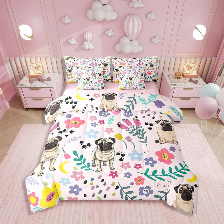 Twin Bed in a Bag Floral Dog Comforter Set with Sheets 7-Pieces All Season Shari Pei Bedding Sets with Comforter, Pillow Sham, Flat Sheet, Fitted Sheet and Pillowcase