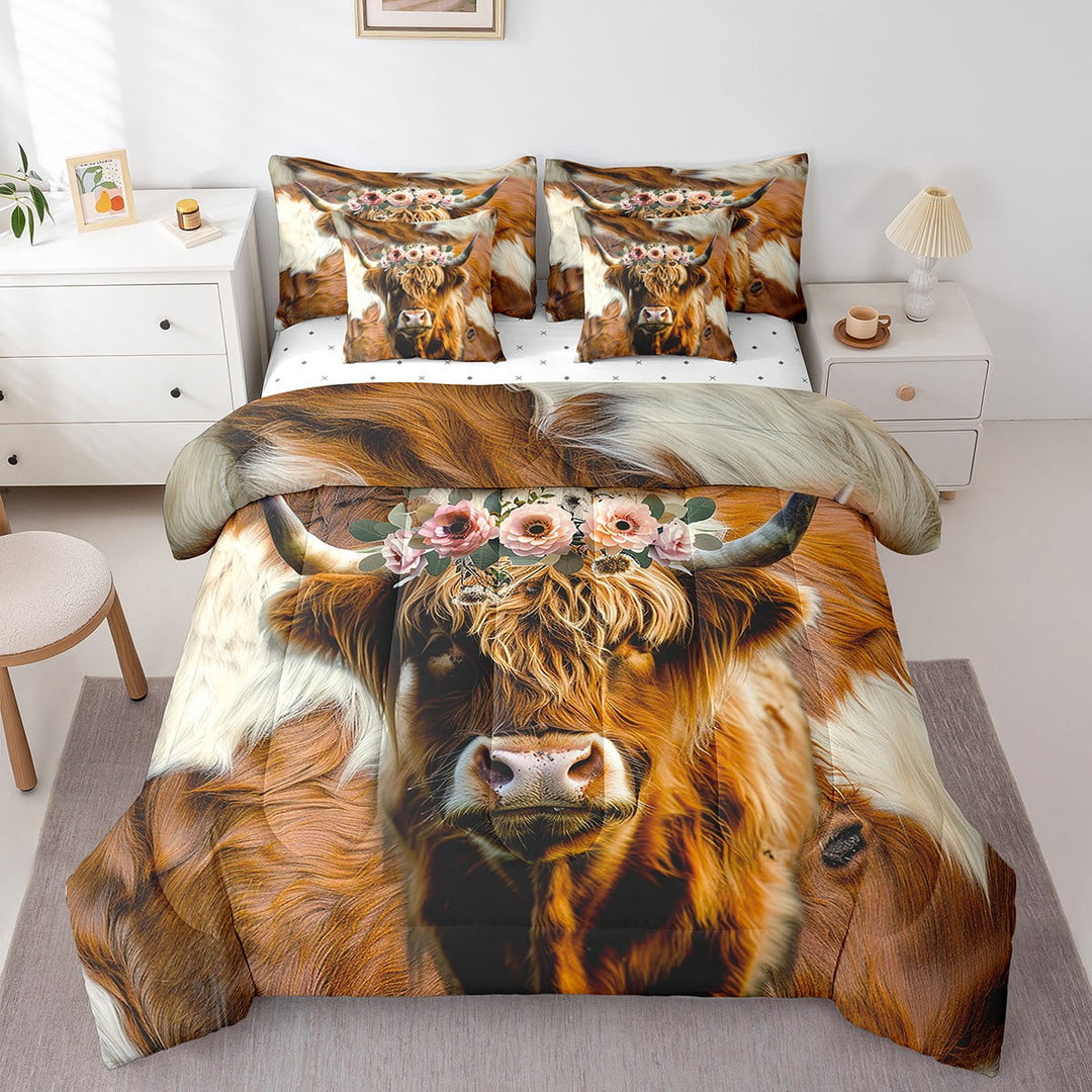 Highland Cow Comforter Set Twin, 7 Pieces Cowhide Reversible Bed In A Bag Cow Skin Print Bedding Rustic Farmhouse Bed Set (1 Comforter,2 Pillowcase,2 Throw Pillow Covers,1 Flat Sheet,1 Fitted Sheet)