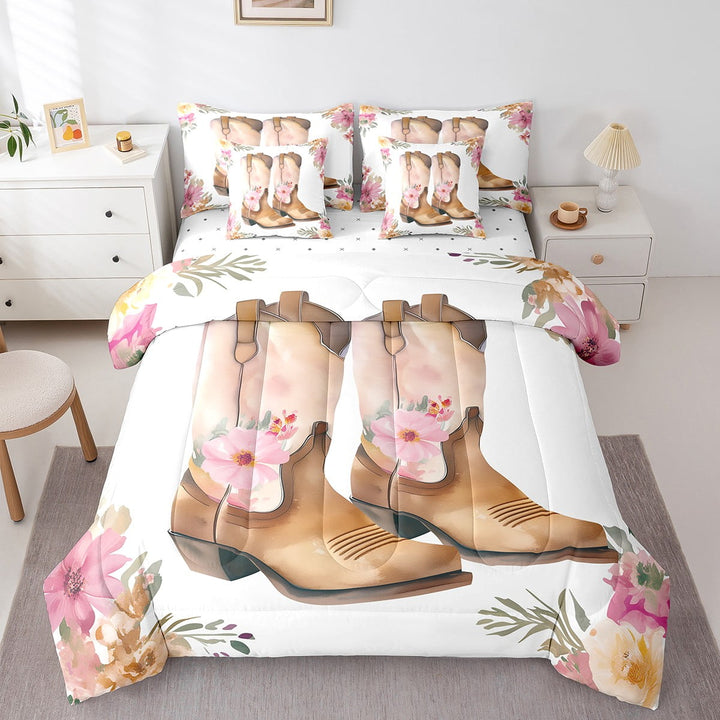 Vintage Cowboy Boots Comforter Set Twin Size with Sheets -7 Pieces Bed in a Bag Pastel Pink Flowers Bedding Sets,Watercolor Floral Rustic Western Bed Set with Comforter,Sheets,Pillowcases &amp; Shams