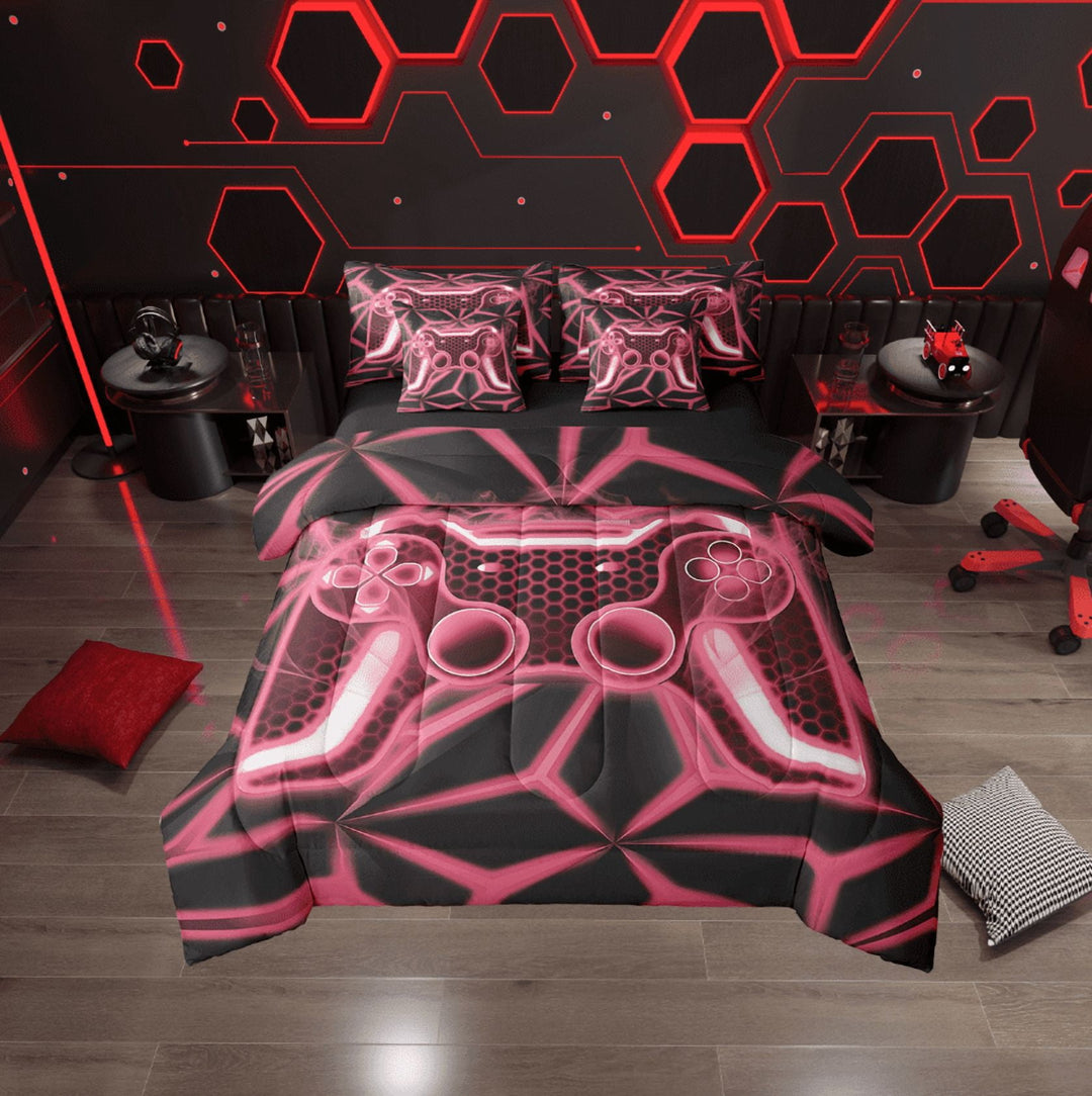 Erosebridal Video Game Bedding Sets Twin Size,Pink Neon Comforter Sets with Sheets,Geometric Honeycomb Bed in a Bag Twin size,Lightweight Gamepads Bedroom Decorative,Reversible,7pcs