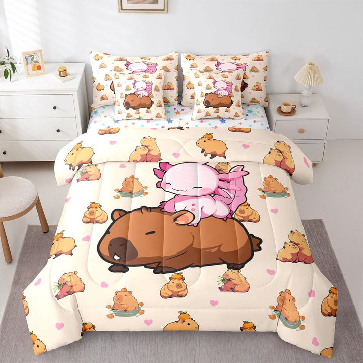 Erosebridal Cartoon Capybara Pink Axolotl Twin Bedding Sets 7-Piece For Kids,Kawaii Animal Bedding Comforter Set For Boys Girls,Ultra Soft Home Decor